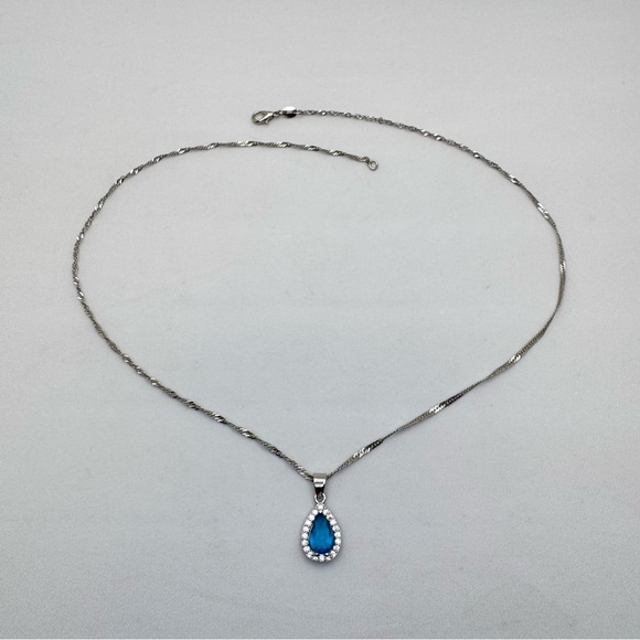 Bright Blue Diamond CZ Teardrop Halo Pendant Necklace Silver White CZ Glam - Picture 4 of 8